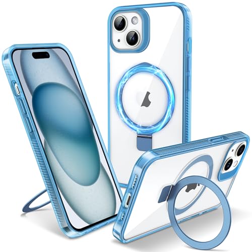Flyzoo Magnetisch Ständer Hülle für iPhone 15 Plus - [Unsichtbarer Ständer] [Kompatibel mit MagSafe] [Vergilbungsfrei & rutschfest] Stoßfest Durchsichtig Handyhülle, 6.7'', Clear Blau von Flyzoo