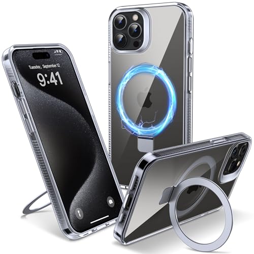 Flyzoo Magnetisch Ständer Hülle für iPhone 15 Pro Max - [Unsichtbarer Ständer] [Kompatibel mit MagSafe] [Vergilbungsfrei & rutschfest] Stoßfest Durchsichtig Handyhülle, 6.7'', Clear von Flyzoo