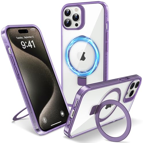 Flyzoo Magnetisch Ständer Hülle für iPhone 15 Pro - [Unsichtbarer Ständer] [Kompatibel mit MagSafe] [Vergilbungsfrei & rutschfest] Stoßfest Durchsichtig Handyhülle, 6.1'', Clear Lila von Flyzoo