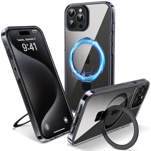 Flyzoo Magnetisch Ständer Hülle für iPhone 15 Pro - [Unsichtbarer Ständer] [Kompatibel mit MagSafe] [Vergilbungsfrei & rutschfest] Stoßfest Durchsichtig Handyhülle, 6.1'', Clear Schwarz von Flyzoo
