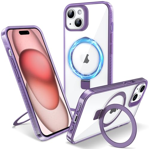 Flyzoo Magnetisch Ständer Hülle für iPhone 15 - [Unsichtbarer Ständer] [Kompatibel mit MagSafe] [Vergilbungsfrei & rutschfest] Stoßfest Durchsichtig Handyhülle, 6.1'', Clear Lila von Flyzoo