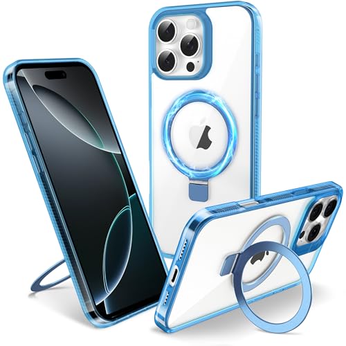 Flyzoo Magnetisch Ständer Hülle für iPhone 16 Pro - [Unsichtbarer Ständer] [Kompatibel mit MagSafe] [Vergilbungsfrei & rutschfest] Stoßfest Durchsichtig Handyhülle, 6.3'', Clear Blau von Flyzoo