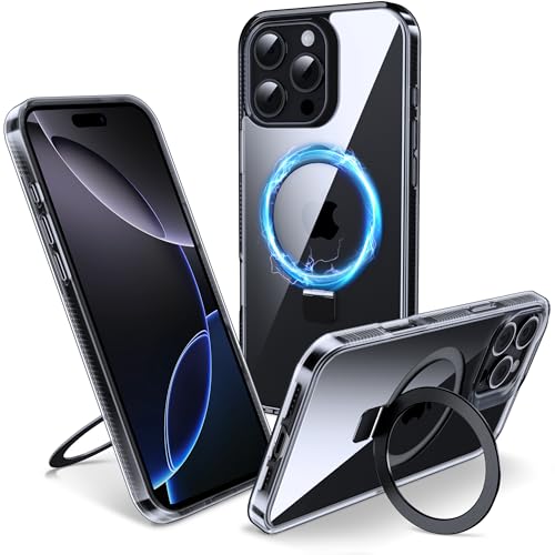 Flyzoo Magnetisch Ständer Hülle für iPhone 16 Pro - [Unsichtbarer Ständer] [Kompatibel mit MagSafe] [Vergilbungsfrei & rutschfest] Stoßfest Durchsichtig Handyhülle, 6.3'', Clear Schwarz von Flyzoo