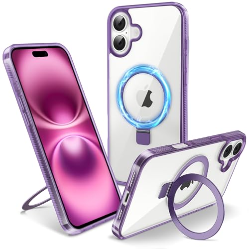 Flyzoo Magnetisch Ständer Hülle für iPhone 16 - [Unsichtbarer Ständer] [Kompatibel mit MagSafe] [Vergilbungsfrei & rutschfest] Stoßfest Durchsichtig Handyhülle, 6.1'', Clear Lila von Flyzoo