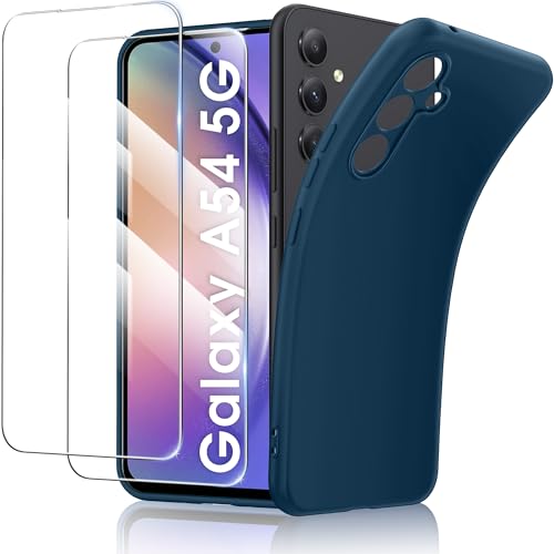 Flyzoo Silikon Hülle für Samsung Galaxy A54 5G mit 2 Stück Panzerglas, [Ultra Dünn] [Displayschutz] [Staubdicht] Weich Silicone Gummi Handyhülle Stoßfest Schutzhülle mit Mikrofaserfutter, 6,4'', Blau von Flyzoo