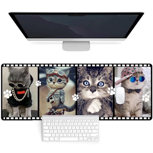 Mauspad Schreibtischunterlage 80x30cm Gaming Mousepad mit Genähten Kanten und Anti Rutsch, Tischunterlage verbessert Präzision und Geschwindigkeit, für Home & Office Dekor(Katze) von FoBianJie