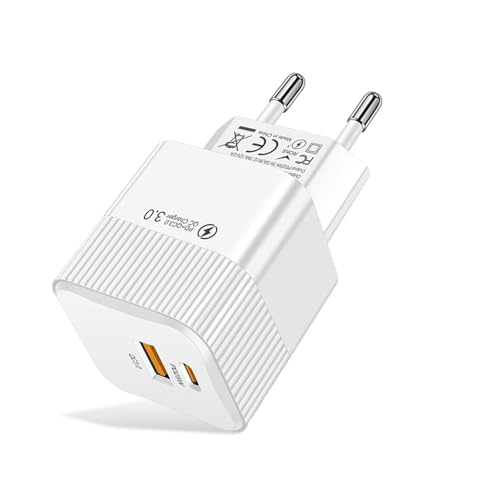 USB C Ladegerät 25W 2-Port Stecker Adapter, USB Schnellladegerät PD & QC 3.0 Adapter Kompatibel mit iPhone 16 15 14 13 12 11 Pro Max/iPad/Samsung/Handys (Weiß) von FoBianJie