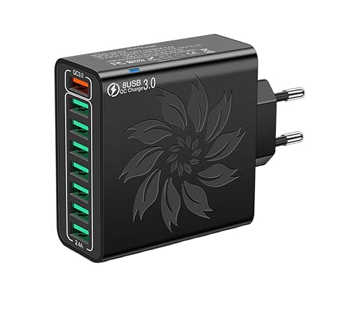 USB Ladegerät 33W 8-Port Stecker mit QC 3.0 Schnellladegerät Mehrfach Power Adapter Ladeadapter Stecker, USB Netzstecker für iPhone 16/16 Pro/16 Pro Max/15/14 13 12 11 Samsung (Schwarz) von FoBianJie