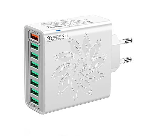 USB Ladegerät 33W 8-Port Stecker mit QC 3.0 Schnellladegerät Mehrfach Power Adapter Ladeadapter Stecker, USB Netzstecker für iPhone 16/16 Pro/16 Pro Max/15/14 13 12 11 Samsung (Weiß) von FoBianJie