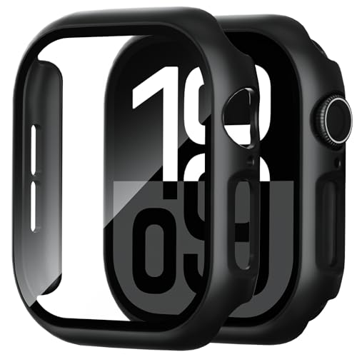 Foamia Schutzhülle für Apple Watch, Displayschutzfolie, harte PC-Hülle mit gehärtetem Glas, Stoßschutz, schlanke Apple Watch-Abdeckung für iWatch (Schwarz/Schwarz, 42 mm-S10), 2 Stück von Foamia