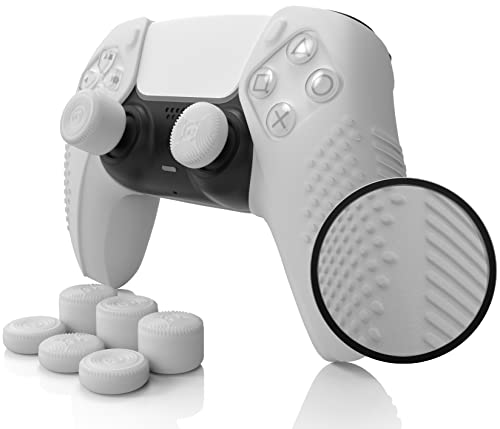 Foamy Lizard SensePro PS5-Controller-Hülle, Dock-kompatibel, weiche, flache Anti-Rutsch-Silikon-Gel-Griffabdeckung für Playstation 5 Dualsense, Gummi-Schutz plus 8 erhöhte Daumengriffkappen (PS5 weiß) von Foamy Lizard