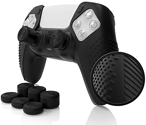 SensePro Grip Skin Set für Playstation 5 Controller (DualSense) von Foamy Lizard – schweißfreie PS5-Silikonhaut mit flachen Anti-Rutsch-Stollen plus 8 QSX-Elite erhöhten Daumengriffen (schwarz) von Foamy Lizard