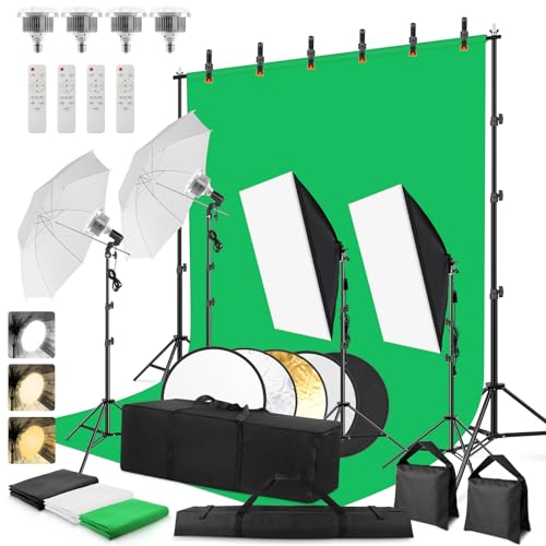 Fotostudio Set, Foccalli Softbox Studio Beleuchtungsset mit 2.6x3m Hintergrundsystem Greenscreen Set, 85W 2700-6400K LED Lampen, Regenschirme, Reflektor für Fotostudio, Porträt und Video Shooting von Foccalli