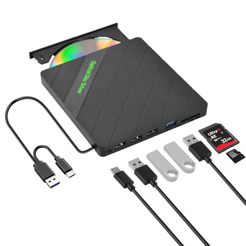 Focenat Tragbar DVD Brenner,Externes CD DVD Laufwerk USB,Extern mit SD/TF-Kartenleser Portable Brenner,USB Externe Optische Laufwerke,Slim Portable Externes Laufwerk,für Laptop Windows Mac PC MacBook von Focenat