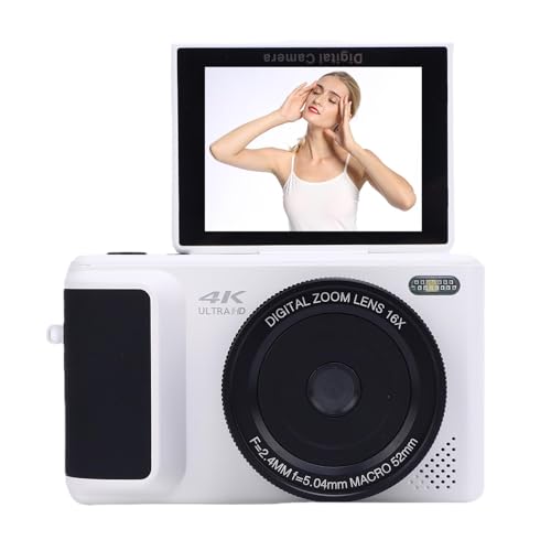 4K-Digitalkamera für Fotografie, HD 64 MP 16-Fach Digitalzoom Autofokus-Vlogging-Kamera mit 2,8-Zoll-Klappbildschirm und Blitz, spiegellose Videokameras für Teenager, Erwachsene (White) von Fockety