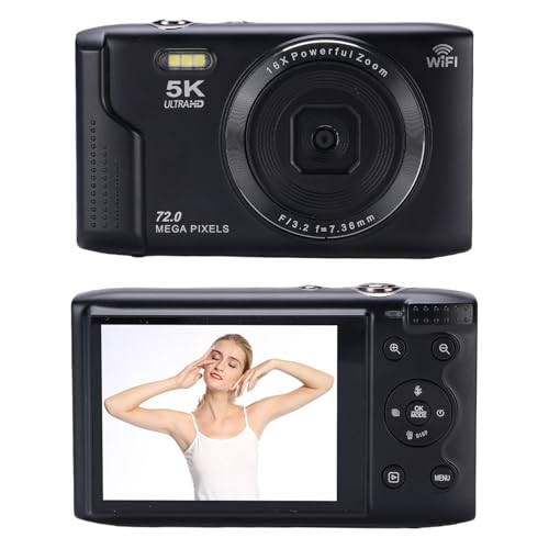 Digitalkamera für Fotografie, 5K 72MP 16x Zoom 2,8 Zoll LCD -Bildschirm Vlogging -Kamera, AF Autofokus WiFi Touchscreen Videokamera mit Blitzlicht, Kompakte Kleine Kamera für (Black) von Fockety