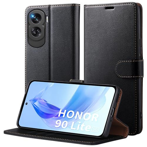 Focusor Handyhülle für Honor 90 Lite 5G Hülle, Premium PU Leder Brieftasche Stoßfeste [Kartenschlitzen] [Magnetverschluss] [Standfunktion] Schutzhülle Klapphülle Flip Case für Honor 90 Lite, Schwarz von Focusor