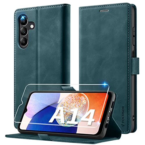 Focusor Handyhülle für Samsung Galaxy A14 Hülle Leder mit Panzerglas Schutzfolie, [Kartenfach] Hülle für Samsung A14 4G/5G Klappbar Flip Case Cover Stoßfeste Schutzhülle für A14 4G/5G,Blau von Focusor