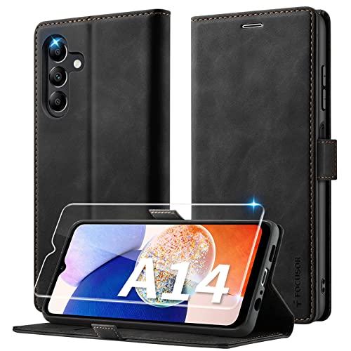Focusor Handyhülle für Samsung Galaxy A14 Hülle Leder mit Panzerglas Schutzfolie,[Premium Leder][Kartenfach] Hülle für Samsung A14 4G/5G Klappbar Flip Case Cover Stoßfeste Schutzhülle für A14,Schwarz von Focusor