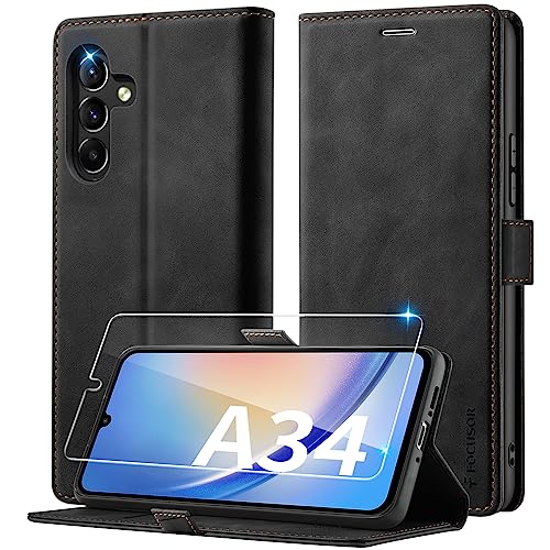 Focusor Handyhülle für Samsung Galaxy A34 5G Hülle Leder mit Panzerglas Schutzfolie, [Kartenfach] Hülle für Samsung A34 Klappbar Flip Case Cover Stoßfeste Schutzhülle für Galaxy A34,Schwarz von Focusor