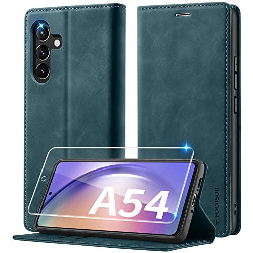 Focusor Handyhülle für Samsung Galaxy A54 Hülle Leder mit Panzerglas Schutzfolie,[Premium Leder][Kartenfach]Hülle für Samsung A54 5G Klappbar Flip Case Cover Stoßfeste Schutzhülle für Galaxy A54,Blau von Focusor