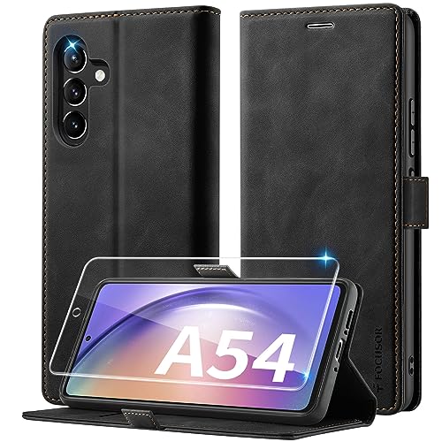 Focusor Handyhülle für Samsung Galaxy A54 Leder mit Panzerglas Schutzfolie,[Premium Leder][Kartenfach] Hülle für Samsung A54 5G Klappbar Flip Case Cover Stoßfeste Schutzhülle für Galaxy A54,Schwarz von Focusor