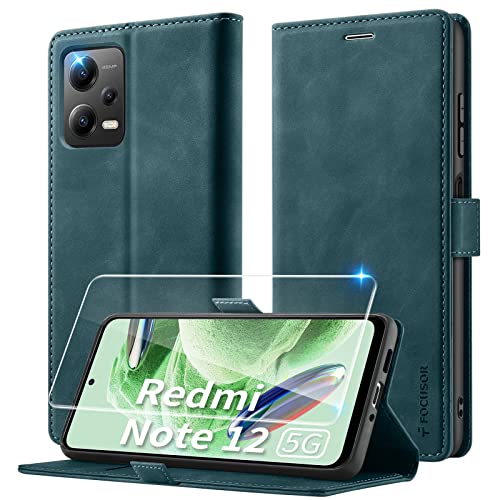 Focusor Handyhülle für Xiaomi Redmi Note 12 5G / Poco X5 Hülle Leder mit Panzerglas Schutzfolie,[Premium Leder][Kartenfach] Hülle für Note 12 5G Klappbar Flip Case Cover Stoßfeste Schutzhülle,Blau von Focusor