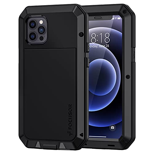 Focusor Hülle iPhone 12, Hülle iPhone 12 Pro 360 Grad Outdoor Duty Schutzhülle Ganzkörper Heavy Panzerhülle Tough Stoßfest Metall Armor Eingebautem Displayschutz Staubdicht Case,Schwarz von Focusor