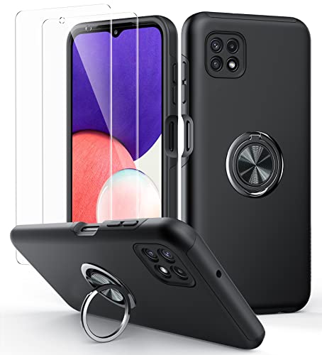 Focusor für Samsung Galaxy A22 5G Hülle mit 2 Pack Panzerglas Schutzfolie,[Eingebetteter Ständer] [PC+TPU Militärgrad Stoßfest] Ring Halter Schutzhülle Starke Slim Kratzfeste Handyhülle,Schwarz von Focusor