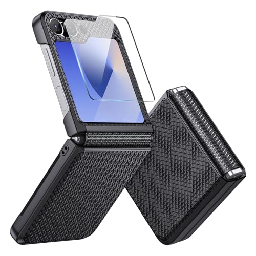 Focusor für Samsung Galaxy Z Flip 6 / Z Flip 5 Hülle mit Scharnierschutz [Rutschfester Textur] Handyhülle Z Flip6 Hard PC Stoßfest Kratzfest Rugged Schutzhülle mit Displayschutz für Z Flip5,Schwarz von Focusor