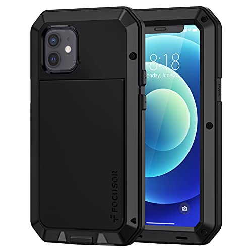 Focusor für iPhone 12 Mini (5.4") Hülle, 360 Grad Outdoor Schutzhülle Stoßfest Tough Armor Metall Ganzkörper Panzerhülle Staubdicht Heavy Duty Case mit Eingebautem Displayschutz, Schwarz von Focusor