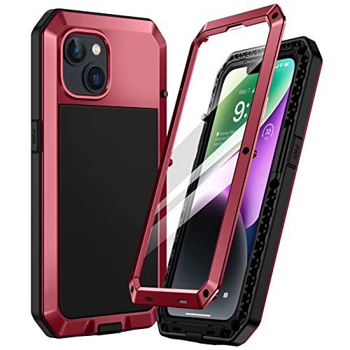 Focusor für iPhone 14 Hülle Outdoor,Handyhülle iPhone 14 360 Grad Stoßfest Metall Heavy Duty Komplett Panzerhülle,iPhone 14 Schutzhülle Staubdicht Robust Armor Case mit Displayschutz,Rot von Focusor