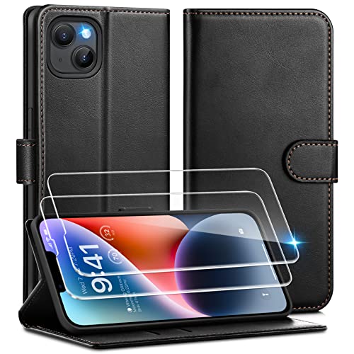 Focusor für iPhone 14 Hülle mit 2 Pack Panzerglas Schutzfolie, Handyhülle für iPhone 14 Premium PU Leder Schutzhülle Wallet [Kartenfach] [Standfunktion]Cover Flip Case für iPhone 14 Klapphülle,Schwarz von Focusor