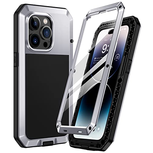 Focusor für iPhone 14 Pro Hülle Outdoor,Handyhülle iPhone 14 Pro 360 Grad Stoßfest Metall Heavy Duty Komplett Panzerhülle,iPhone 14 Pro Schutzhülle Staubdicht Armor Case mit Displayschutz,Silber von Focusor