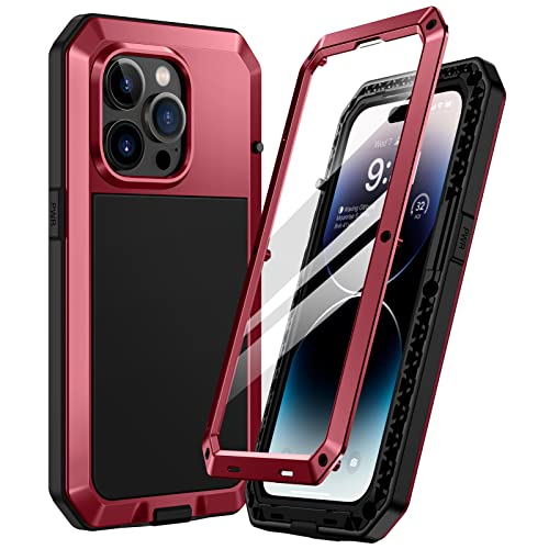 Focusor für iPhone 14 Pro Hülle Outdoor,Handyhülle iPhone 14 Pro 360 Stoßfest Metall Heavy Duty Komplett Panzerhülle,iPhone 14 Pro Schutzhülle Staubdicht Robust Armor Case mit Displayschutz,Rot von Focusor