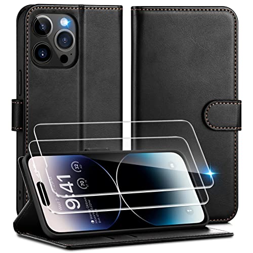 Focusor für iPhone 14 Pro Hülle mit 2 Pack Panzerglas Schutzfolie, Handyhülle für iPhone 14 Pro PU Leder Schutzhülle Wallet [Kartenfach] Cover Flip Case für iPhone 14 Pro Klapphülle,Schwarz von Focusor