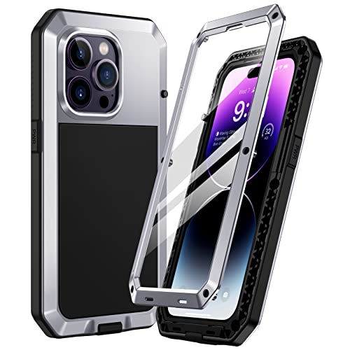 Focusor für iPhone 14 Pro Max Hülle Outdoor,Handyhülle iPhone 14 Pro Max 360 Stoßfest Metall Heavy Duty Panzerhülle,iPhone 14 Pro Max Schutzhülle Staubdicht Armor Case mit Displayschutz,Silber von Focusor