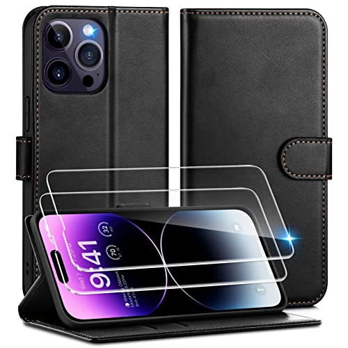 Focusor für iPhone 14 Pro Max Hülle mit 2 Pack Panzerglas Schutzfolie,iPhone 14 Pro Max Handyhülle Leder Schutzhülle Wallet [Kartenfach] Flip Case für iPhone 14 Pro Max Klapphülle,Schwarz von Focusor