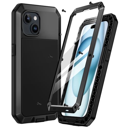 Focusor für iPhone 15 Hülle Metall,Handyhülle iPhone 15 360 Grad Outdoor Stoßfest Heavy Duty Komplett Panzerhülle,iPhone 15 Schutzhülle Staubdicht Robust Armor Case mit Displayschutz,Schwarz von Focusor