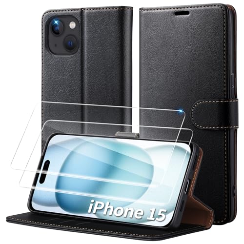 Focusor für iPhone 15 Hülle mit 2 Pack Panzerglas Schutzfolie,Handyhülle iPhone 15 Premium PU Leder Schutzhülle Wallet [RFID Anti-Diebstahl Schutz] Cover Flip Case für iPhone 15 Klapphülle,Schwarz von Focusor