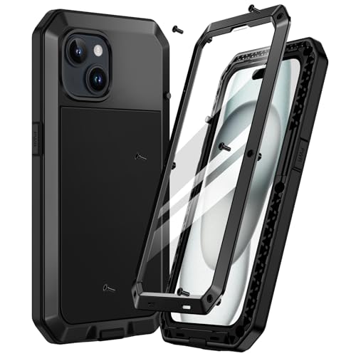 Focusor für iPhone 15 Plus Hülle Metall,Handyhülle iPhone 15 Plus 360 Outdoor Stoßfest Heavy Duty Komplett Panzerhülle,iPhone 15 Plus Schutzhülle Staubdicht Armor Case mit Displayschutz,Schwarz von Focusor