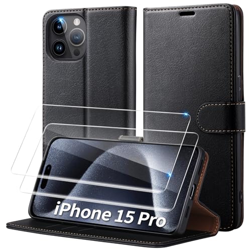 Focusor für iPhone 15 Pro Hülle mit 2 Pack Panzerglas Schutzfolie,Handyhülle für iPhone 15 Pro PU Leder Schutzhülle Wallet [RFID Anti-Diebstahl] Cover Flip Case für iPhone 15 Pro Klapphülle,Schwarz von Focusor