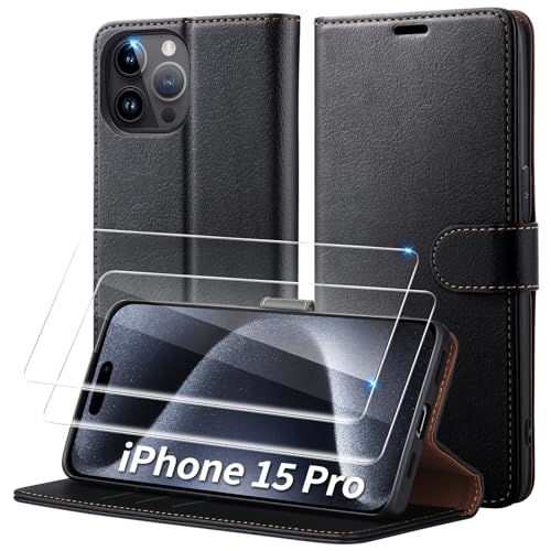 Focusor für iPhone 15 Pro Hülle mit 2 Pack Panzerglas Schutzfolie,Handyhülle iPhone 15 Pro PU Leder Schutzhülle Wallet [RFID Anti-Diebstahl] Cover Flip Case für iPhone 15 Pro Klapphülle,Schwarz von Focusor