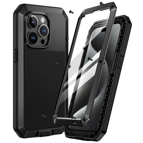 Focusor für iPhone 15 Pro Max Hülle Outdoor,Handyhülle iPhone 15 Pro Max 360 Stoßfest Metall Heavy Duty Panzerhülle,iPhone 15 Pro Max Schutzhülle Staubdicht Armor Case mit Displayschutz,Schwarz von Focusor