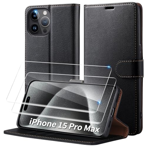 Focusor für iPhone 15 Pro Max Hülle mit 2 Pack Panzerglas Schutzfolie,Handyhülle iPhone 15 Pro Max Leder Schutzhülle Wallet [RFID Anti-Diebstahl] Flip Case für iPhone 15 Pro Max Klapphülle,Schwarz von Focusor