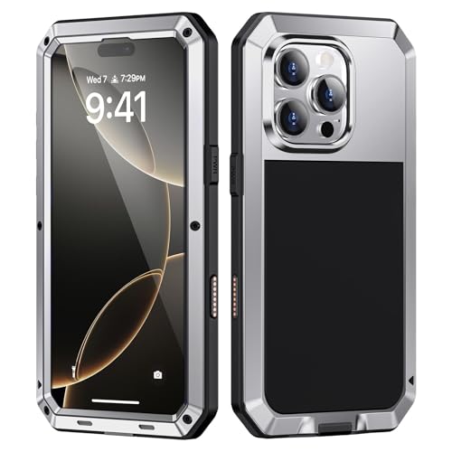 Focusor für iPhone 16 Pro Max Hülle Outdoor,Handyhülle für iPhone 16 Pro Max 360 Stoßfest Metall Heavy Duty Panzerhülle,iPhone 16 Pro Max Schutzhülle Staubdicht Armor Case mit Displayschutz,Silber von Focusor