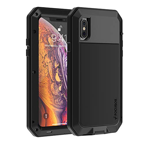 Focusor für iPhone X Hülle, Handyhülle iPhone XS 360 Grad Outdoor Schutzhülle Stoßfest Tough Armor Metall Ganzkörper Panzerhülle mit Eingebautem Displayschutz Staubdicht Heavy Duty Case, Schwarz von Focusor