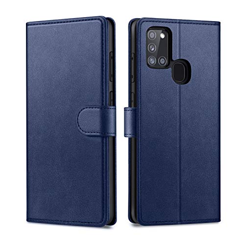 Focusor Kompatibel Mit Samsung Galaxy A21S Hülle - Leder Flip Case Ständer PU Brieftasche Schutzhülle Cover, Blau von Focusor