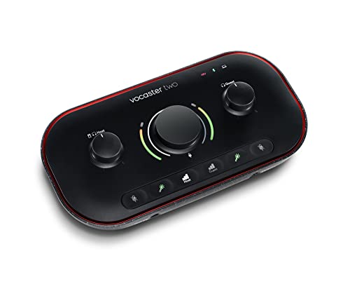 Focusrite Vocaster Two – Podcast-Audio-Interface für Aufnahmen von Moderator und Gast. Mit zwei Mikrofoneingängen und zwei Kopfhörerausgängen sowie Auto Gain, Enhance und Mute-Funktion. von Focusrite