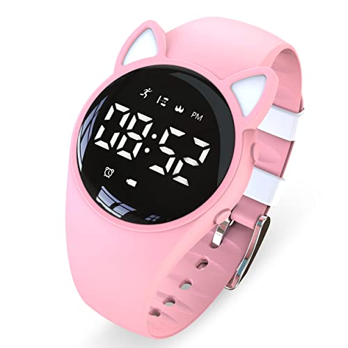 Digitaler LED-Schrittzähler, digitaler Schrittzähler, ohne Bluetooth, vibrierender Wecker, Stoppuhr, tolles Geschenk für Kinder, Teenager, Mädchen, Jungen, Frauen (Rosa/Weiß) von Focwony